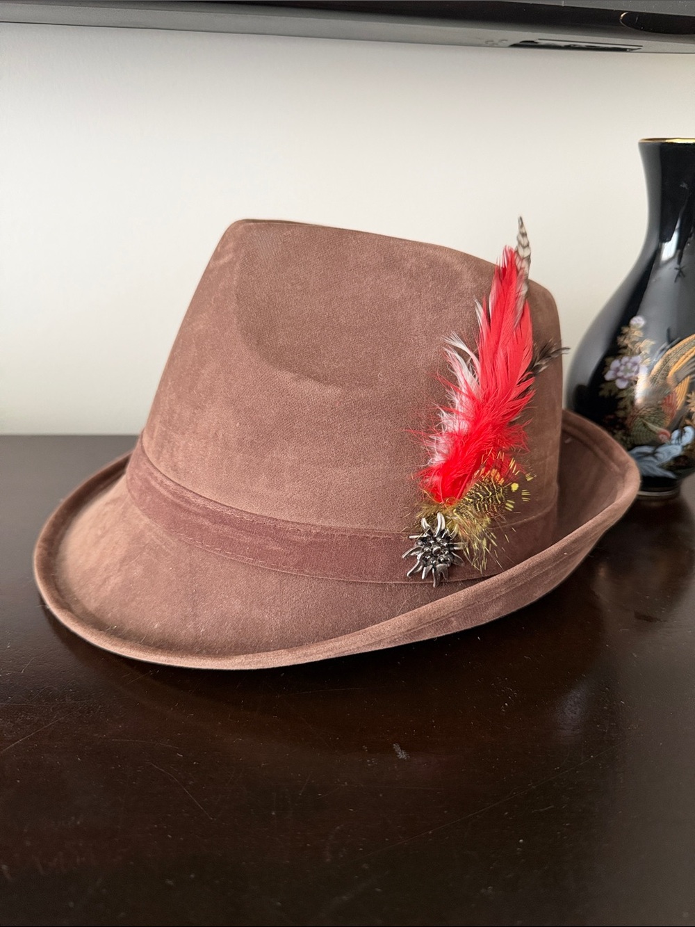 Bavarian Boland Brown Felt with Red Feather Accent Oktoberfest Hat with 2 pins